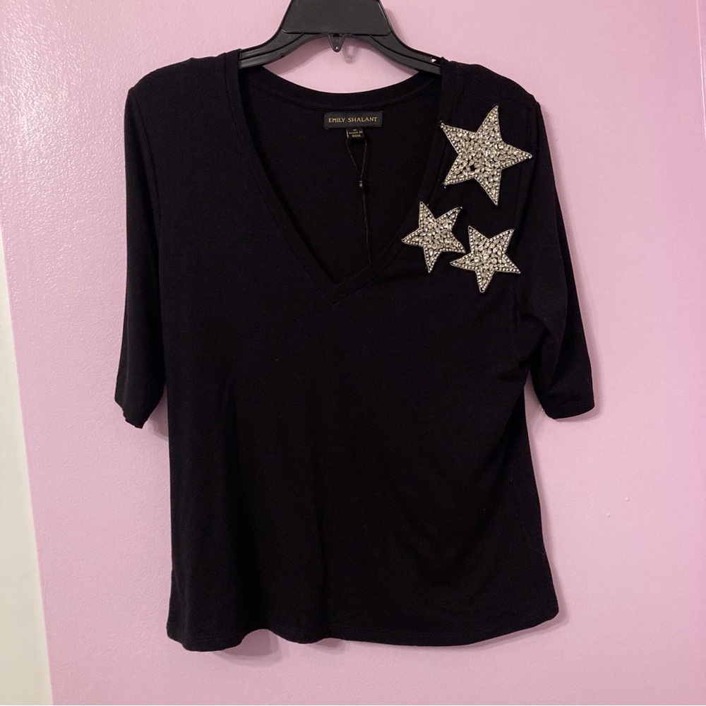Emily Shalant star embellished black top size medium